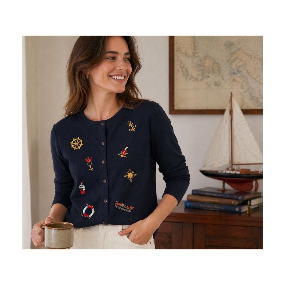 Needle & Threads Vintage Navy Nautical Embroidered Button Front Cardigan XL
